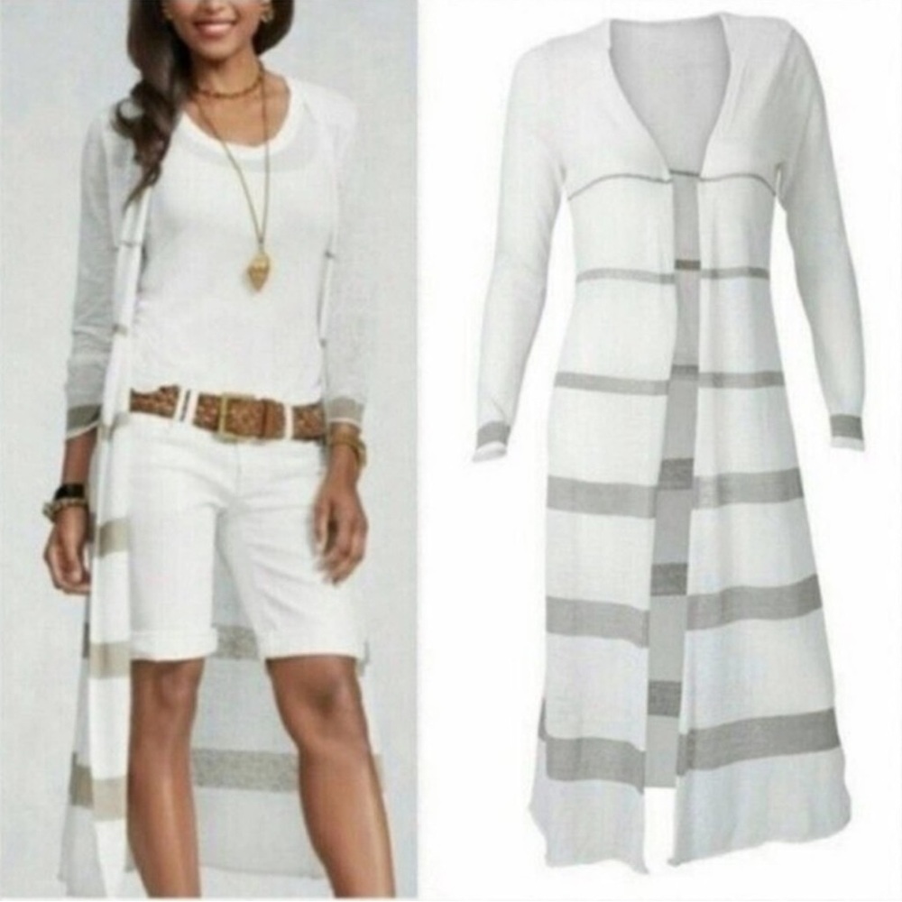 CAbi Bon Voyage Riviera Linen Duster Cardigan Sweater XL Cream Taupe Stripe